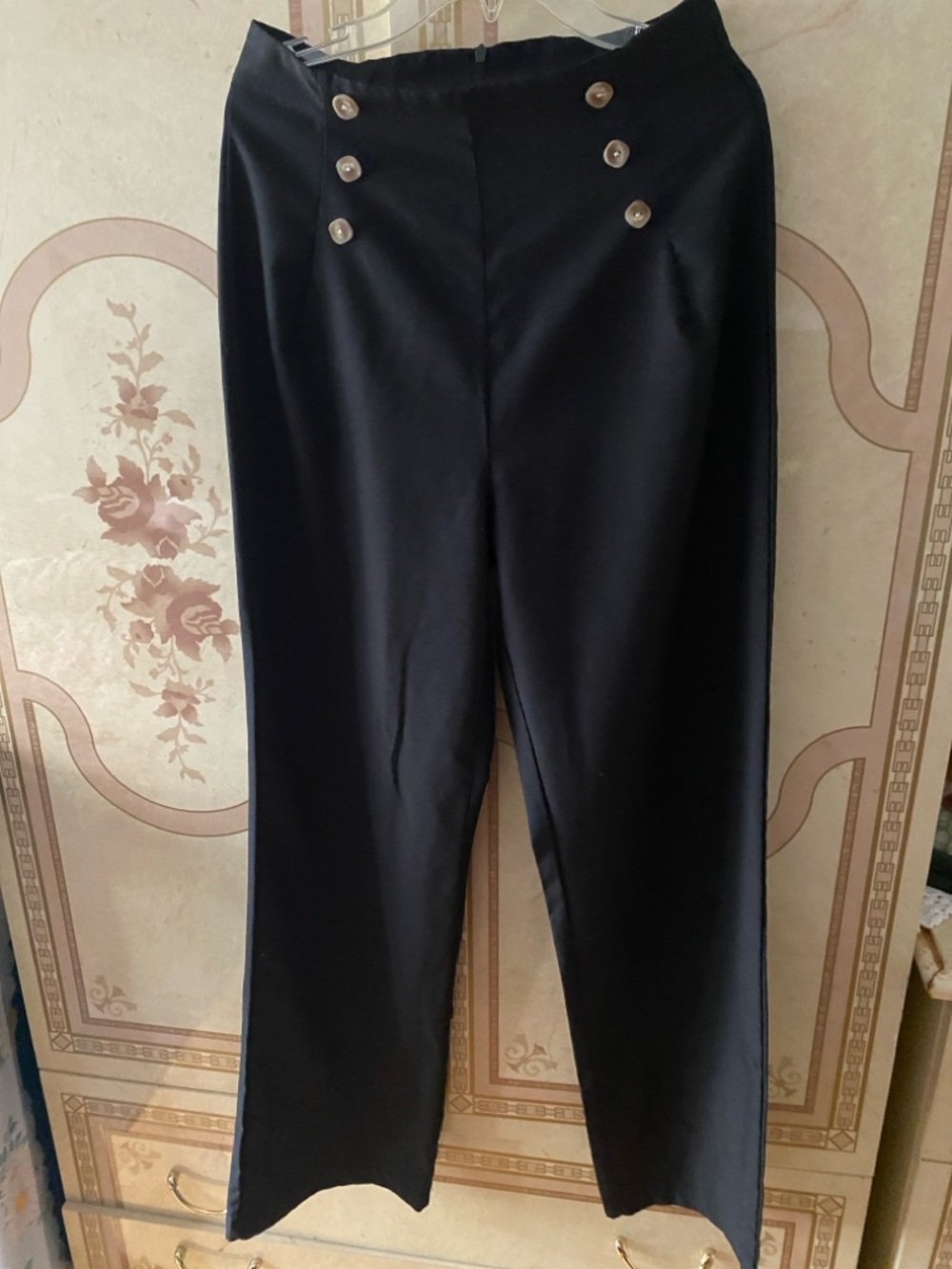 High-Rise Black Wide-Leg Pants with Decorative Buttons
